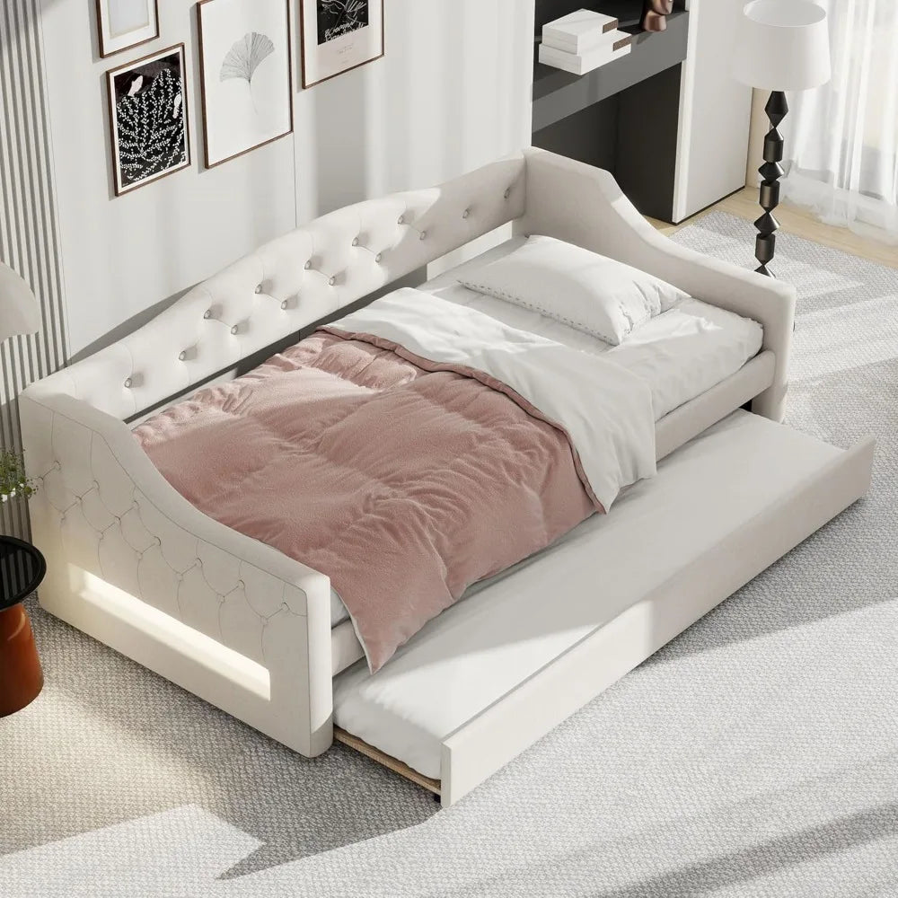 Modern Twin XL Size Daybed with LED Belt and Trundle