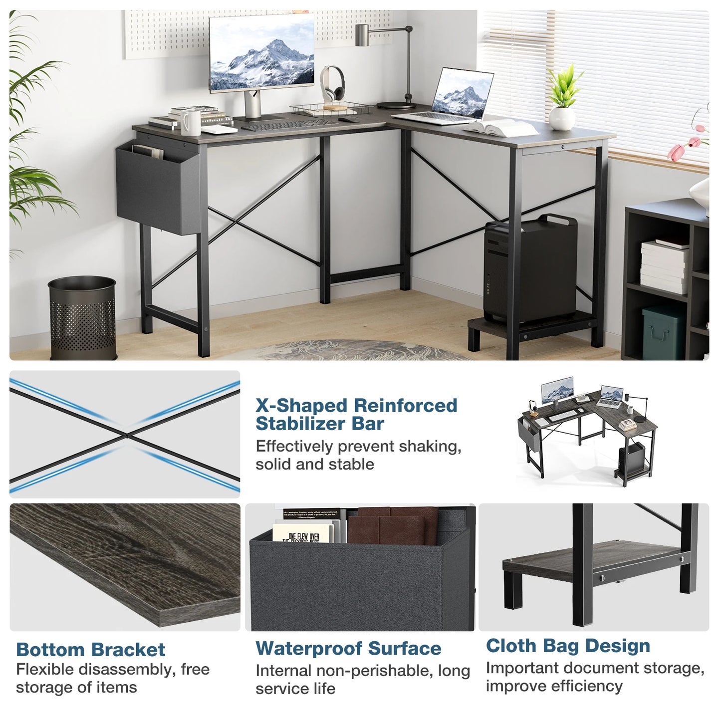 Corner Office Wooden Computer Desk with CPU Storage Shelf
