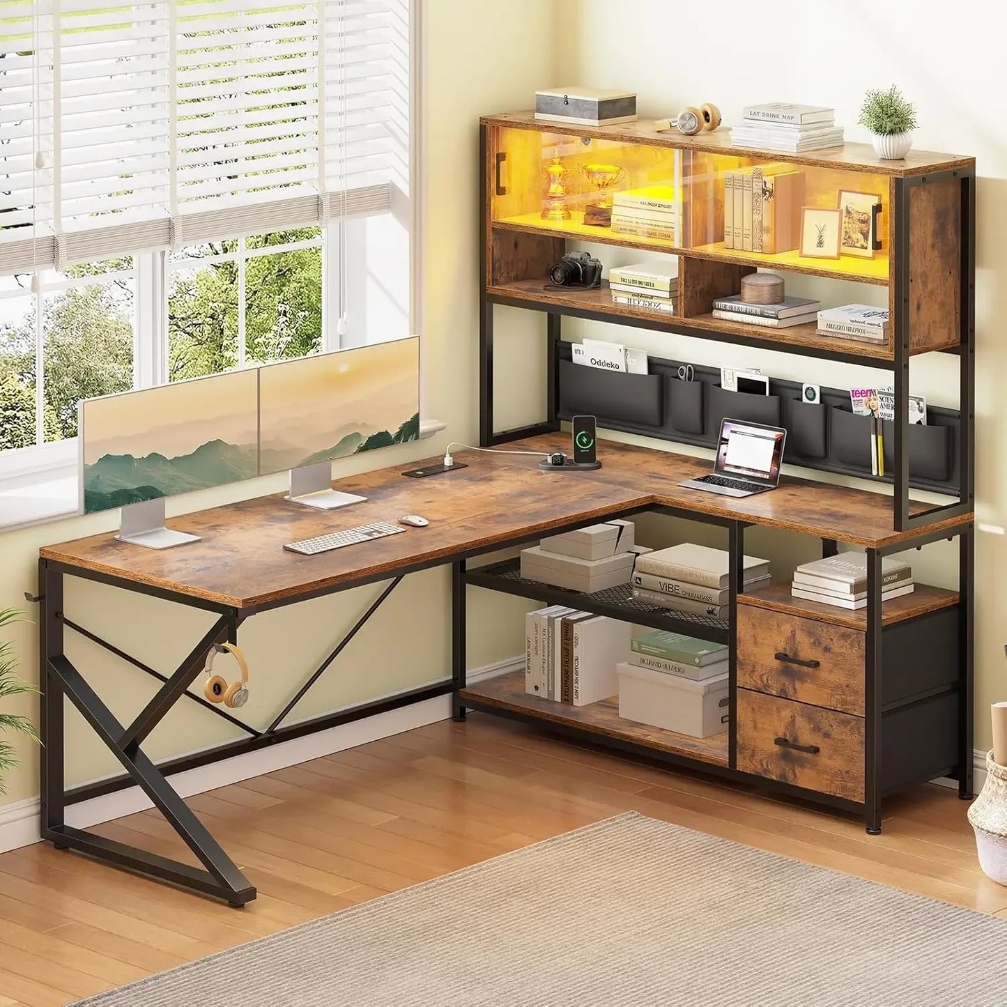 L Shaped Home Office Computer Desk with 2 Drawer and Bookshelf