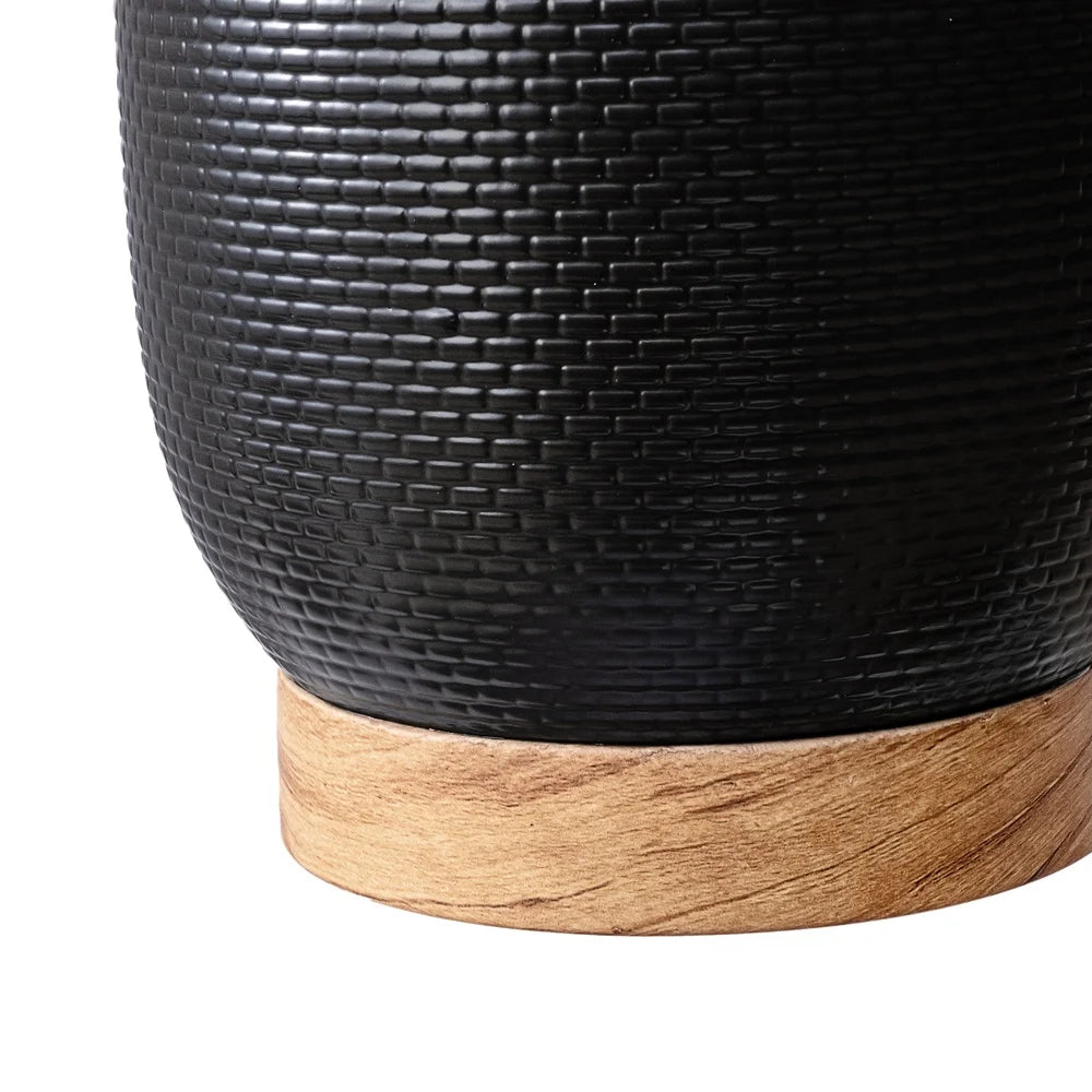 Black Woven Ceramic Planter with Wood Texture Base