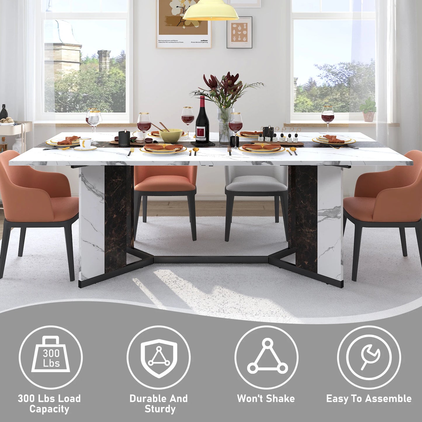 Large Rectangular White Dining Table with Marble Color, Wood Tabletop, Metal Leg