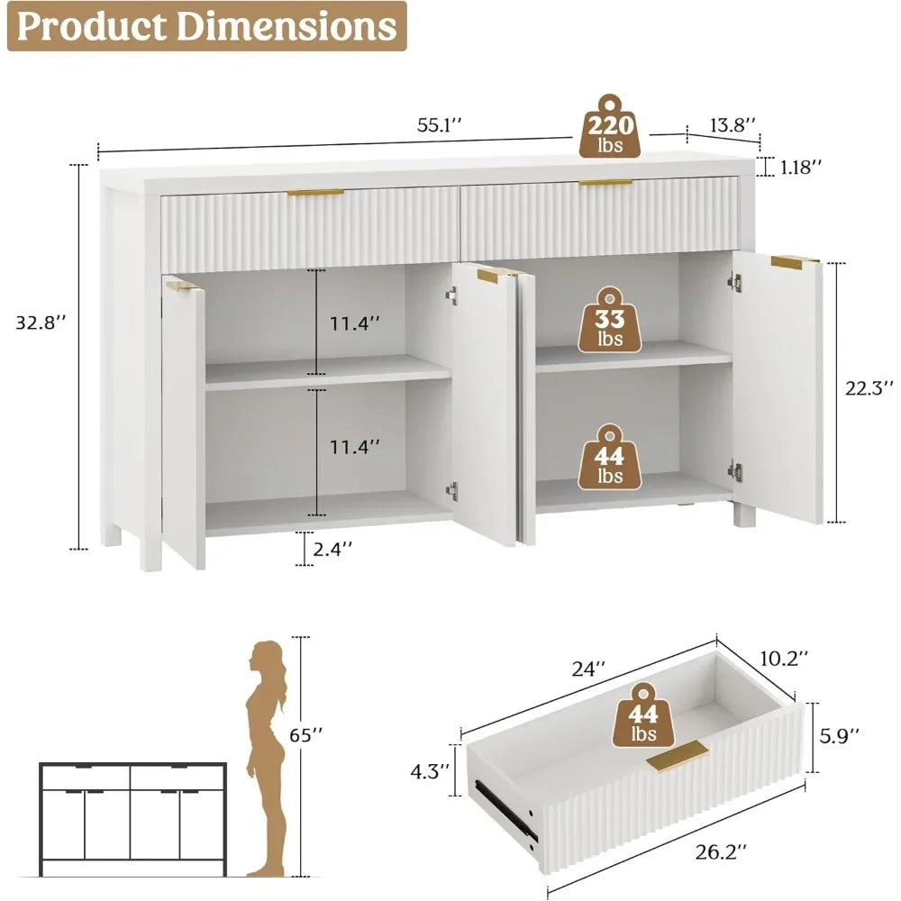 Fluted Buffet & Sideboard Cabinet with Adjustable Shelves