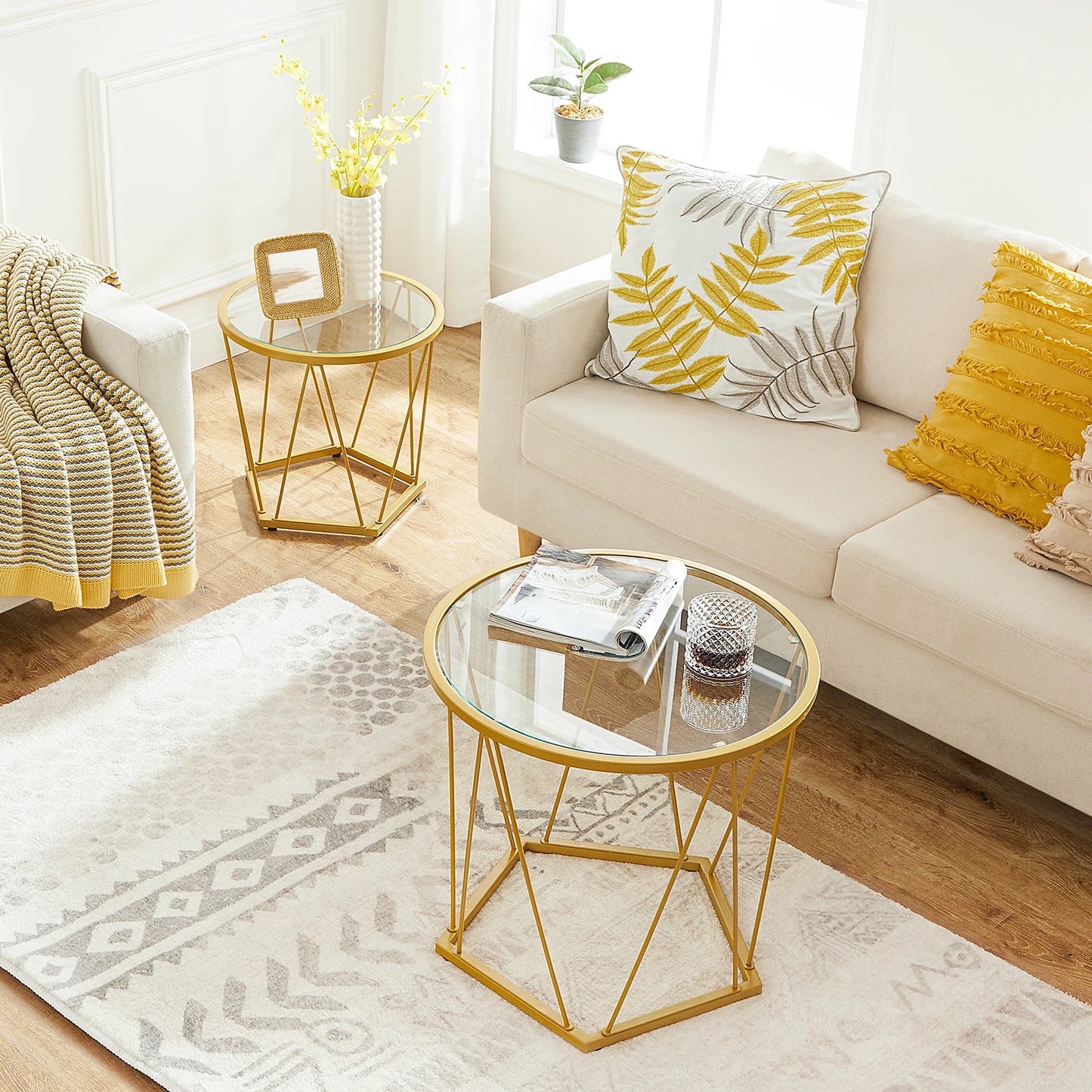 Round End Coffee Table with Metal Frame Glass