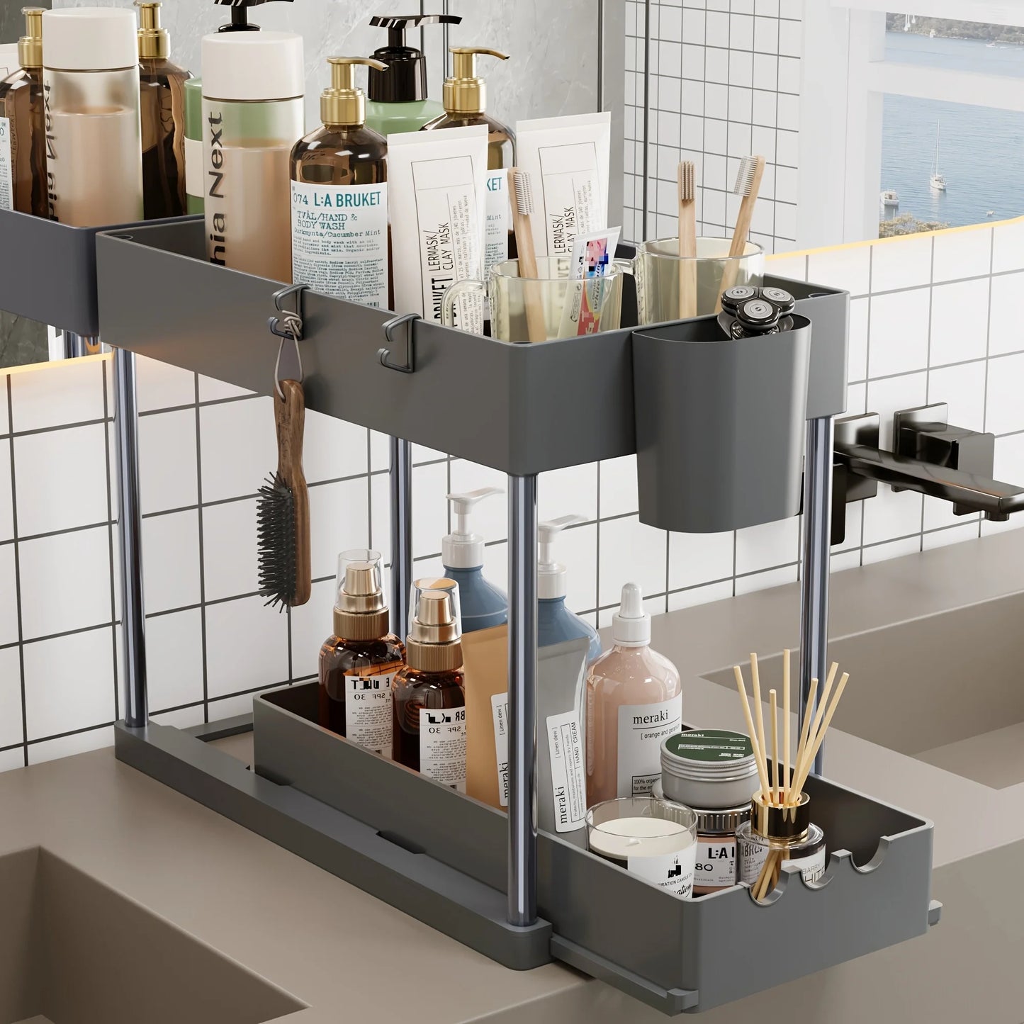 Pull-Out Under Sink Rack Tier Sliding Cabinet Organizer