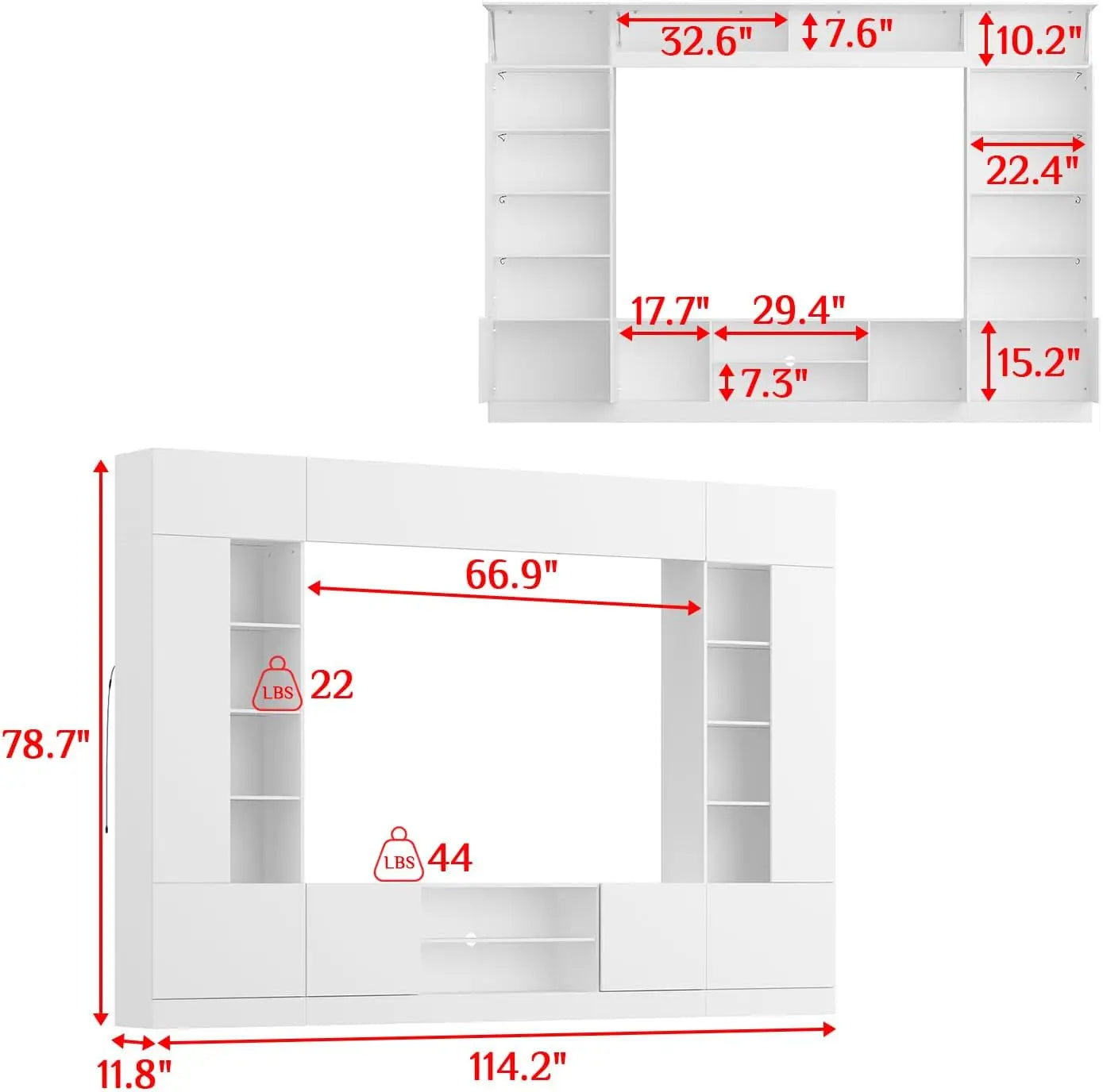 White 114" Large Wall Unit Entertainment Center with Bookshelves, Lights and 18 Shelves, Modern Console Table Home Theater