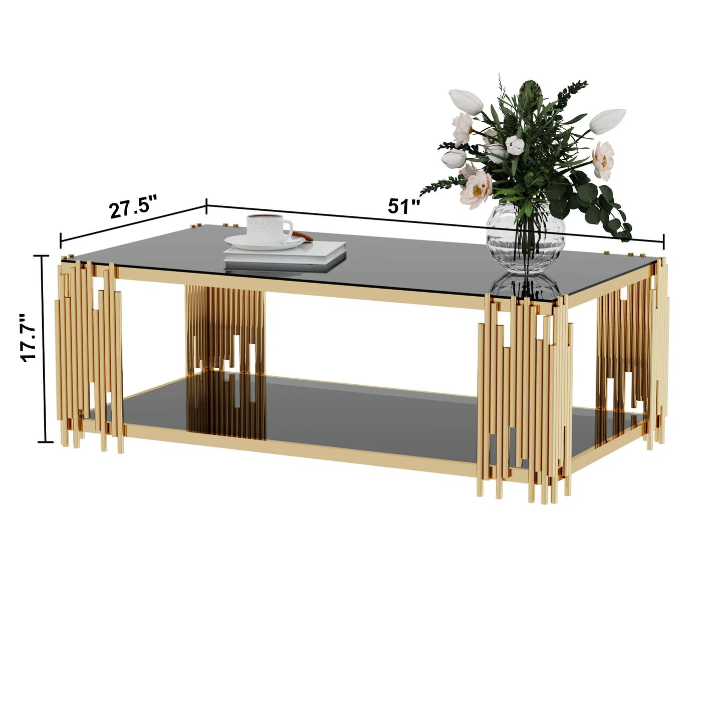 Modern Stainless Steel Rectangle Black Tempered Glass Coffee Table