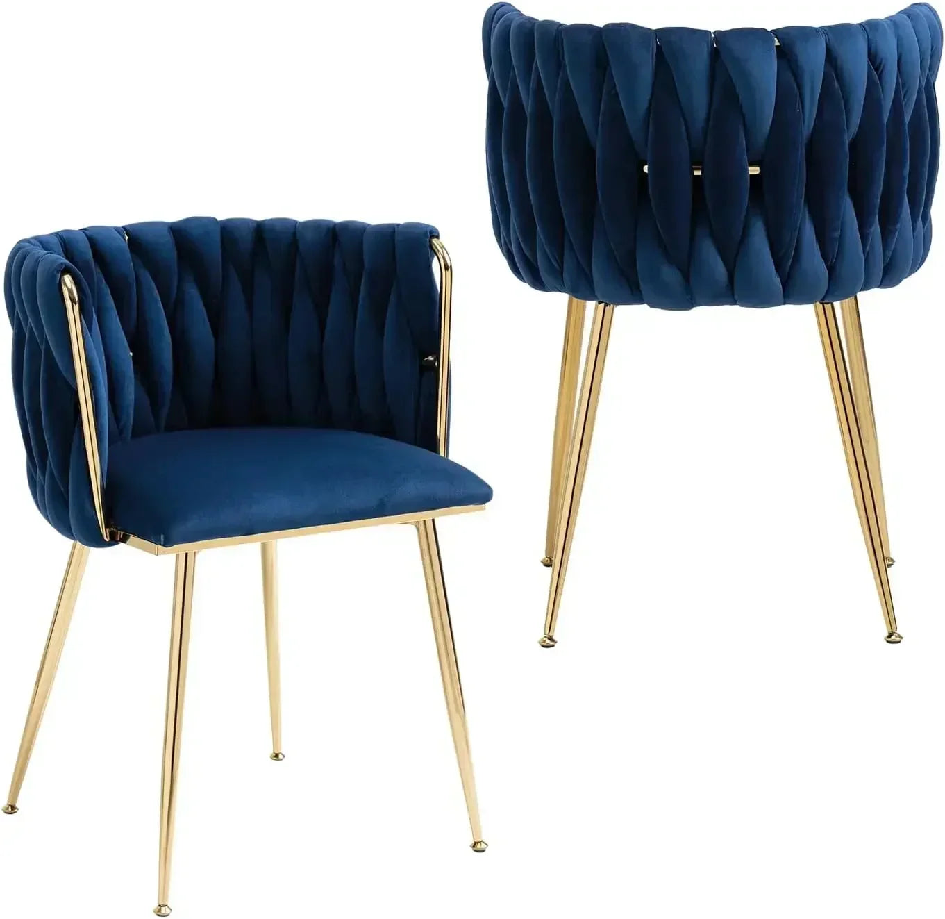 Woven Velvet Upholstered Dining Chairs Set with Gold Metal Legs