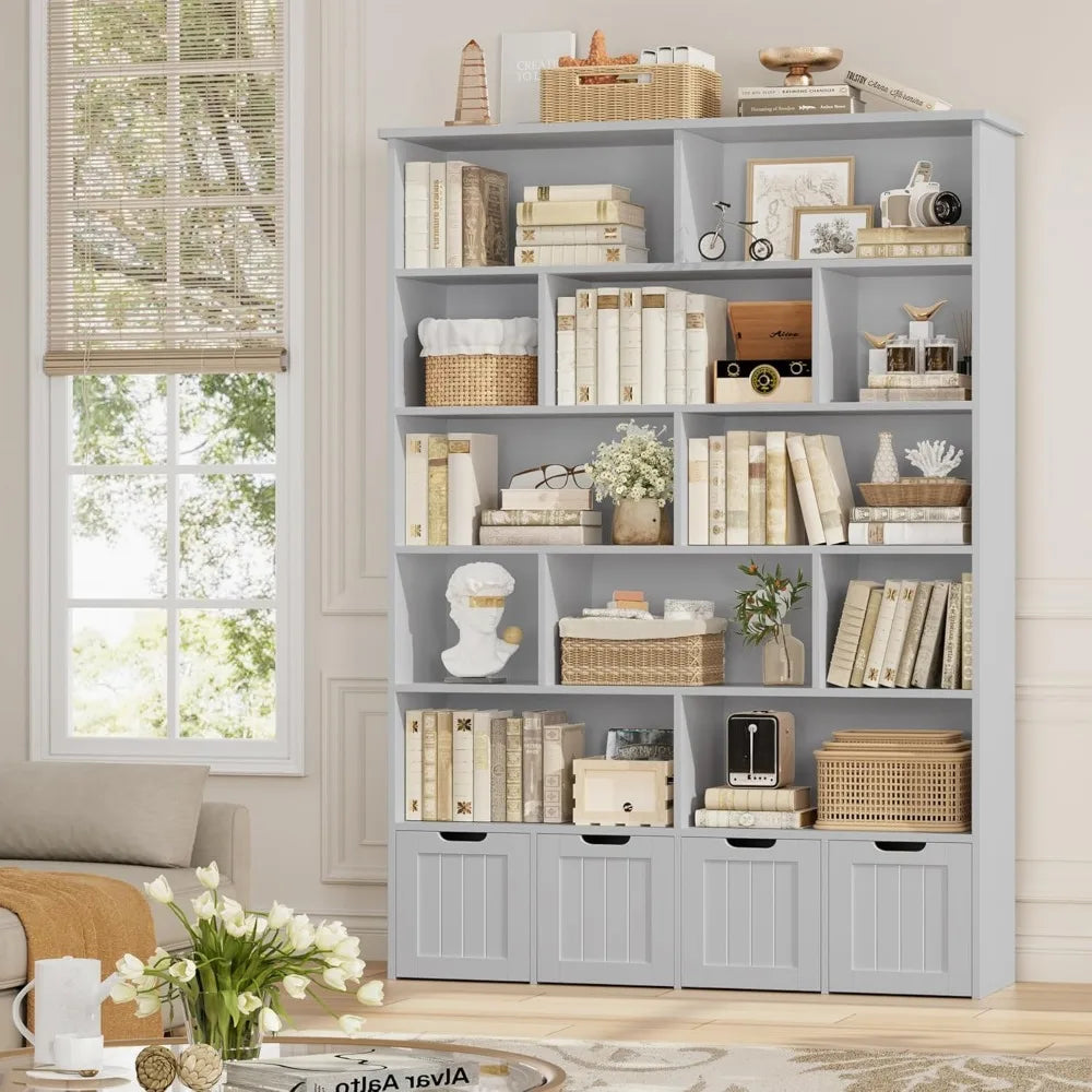 Tall Kids Bookshelf with 4 Movable Drawers and 12 Storage Cubbies