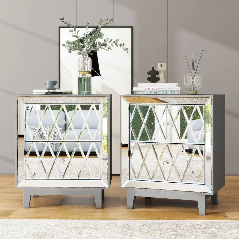 Mirrored Nightstands Set with 2 Drawer Glass Side