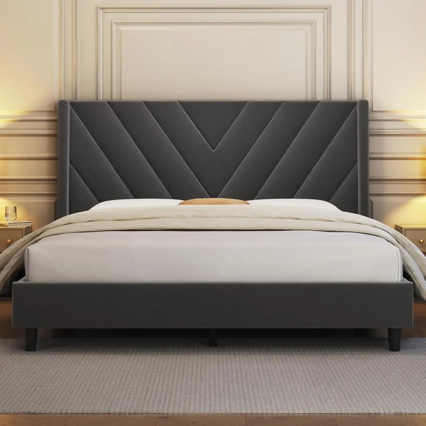 Bed Frame Upholstered Platform with Wing Side