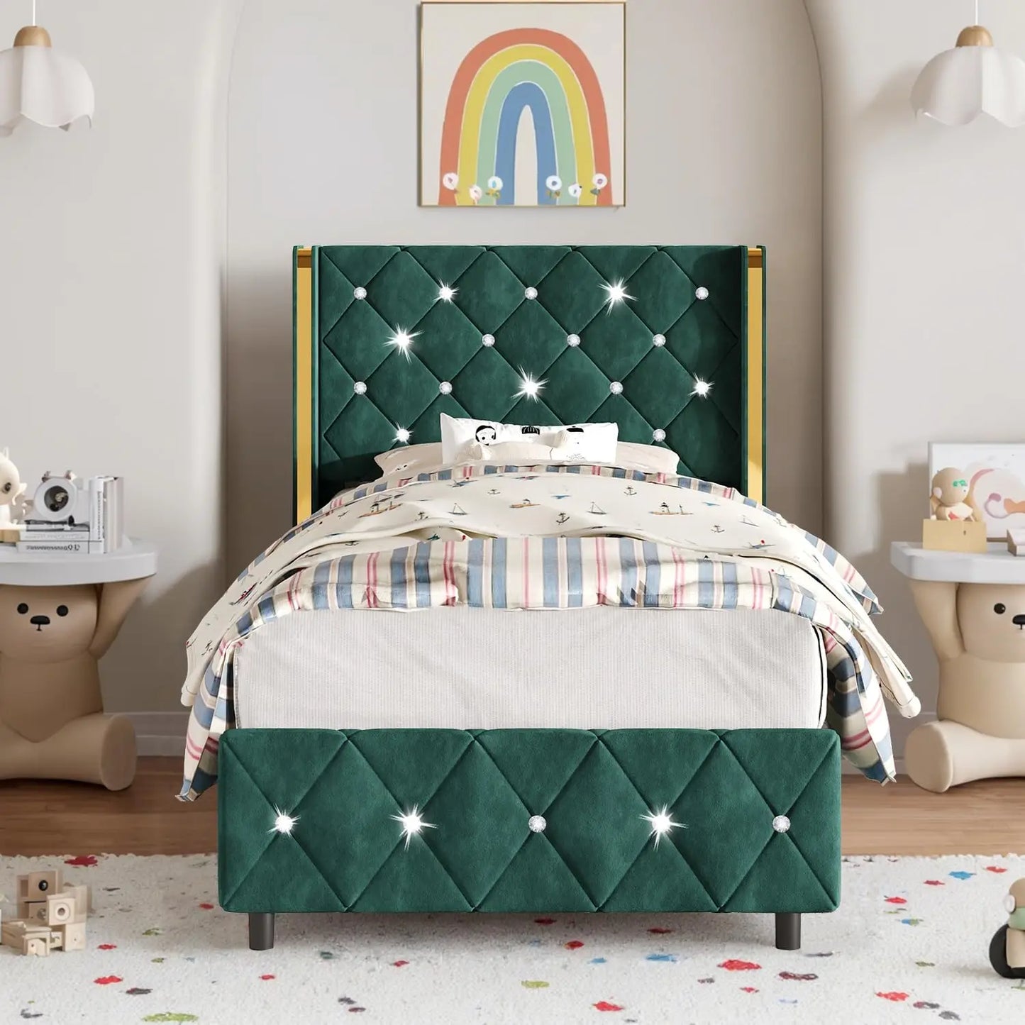 Velvet Upholstered Bed Frame with Wingback and Diamond Headboard