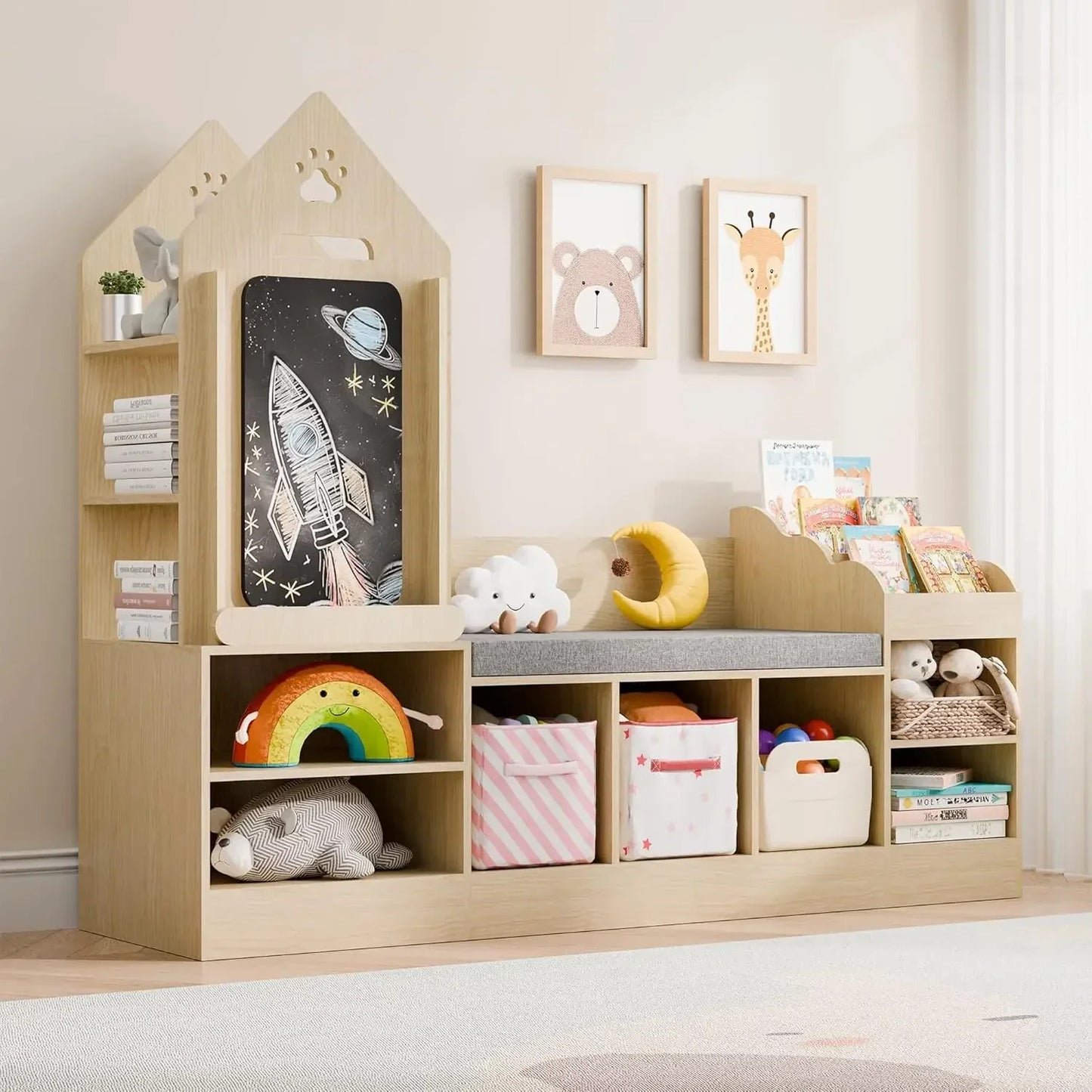 Kids Bookshelf with Reading Nook with Chalkboard and Bench