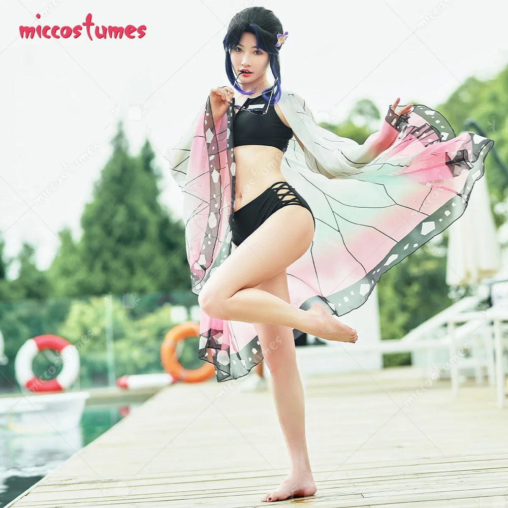 Teen to Women Two Piece Bathing Suit with Strapped Butterfly-Printed Kimono Haori Cover Up