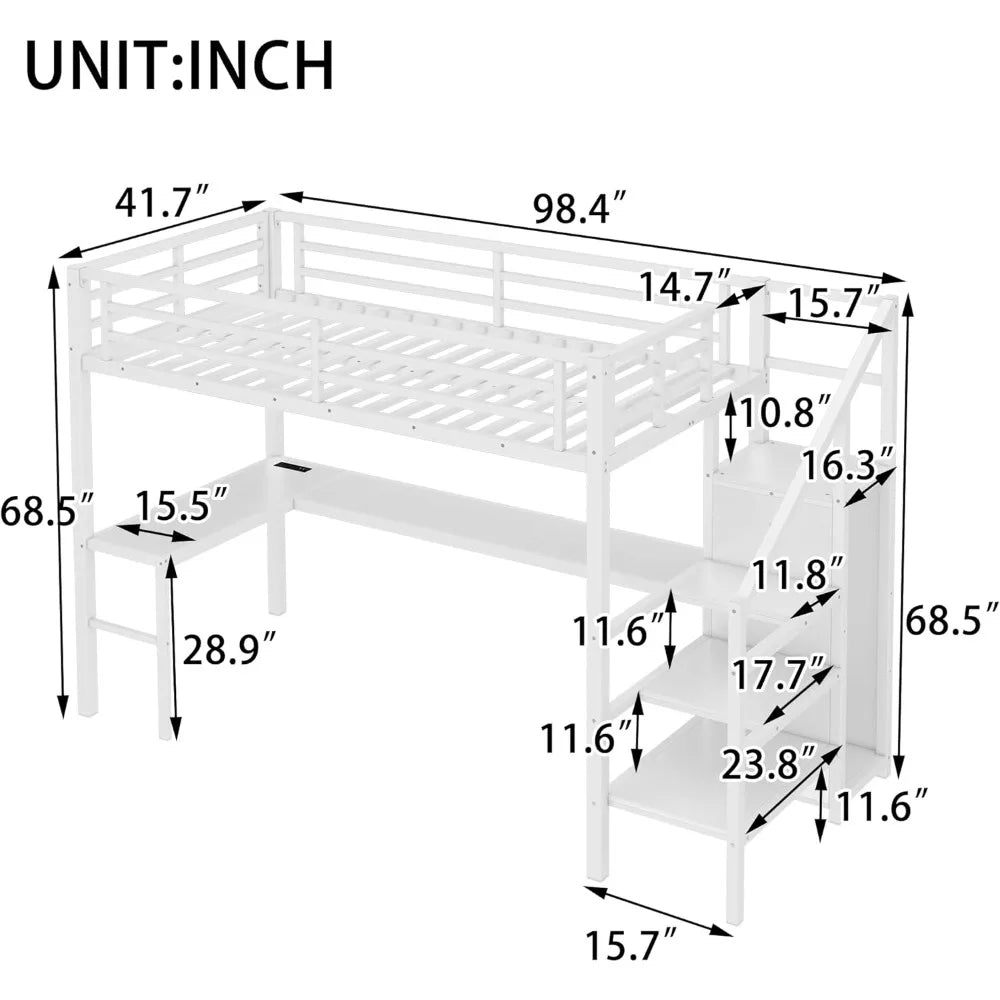 Twin XL Loft Bed with Stairs and L-shaped Desk
