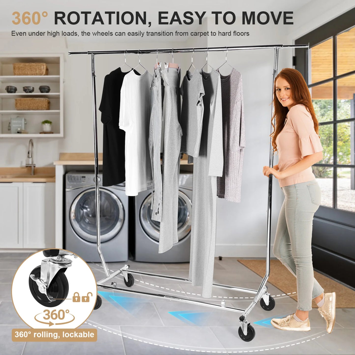 Adjustable Rolling Garment Rack with Sturdy Wheels