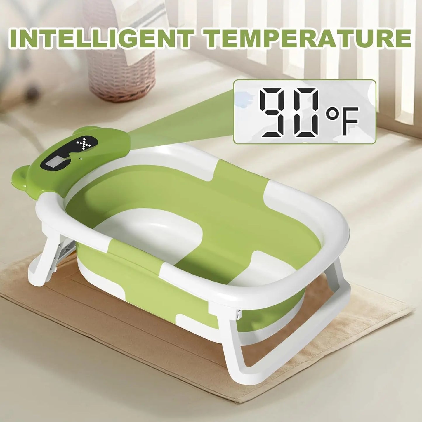 Baby Bathtub Foldable Baby Bathtub with Thermometer and Floating Cushion