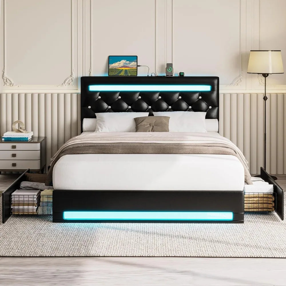 Bed Frame with LED Light with Drawers