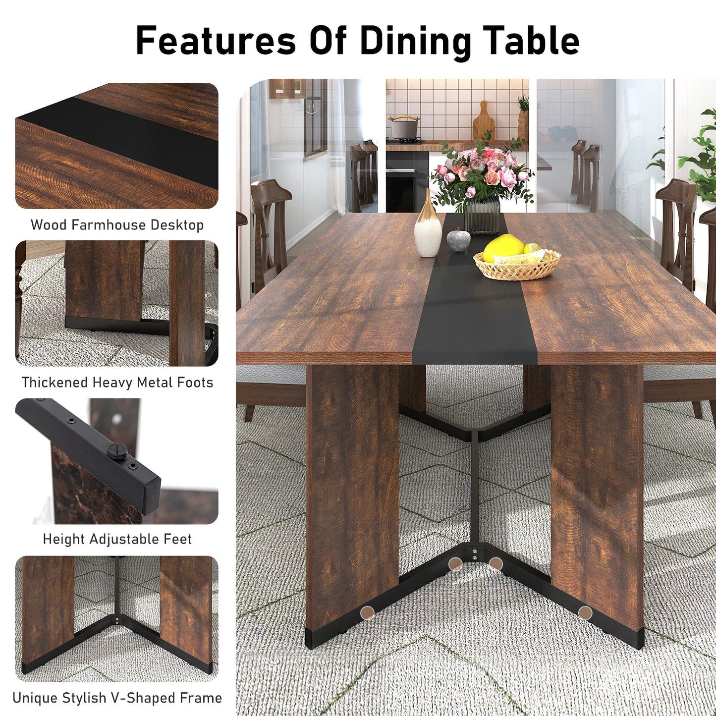 Large Rectangular White Dining Table with Marble Color, Wood Tabletop, Metal Leg