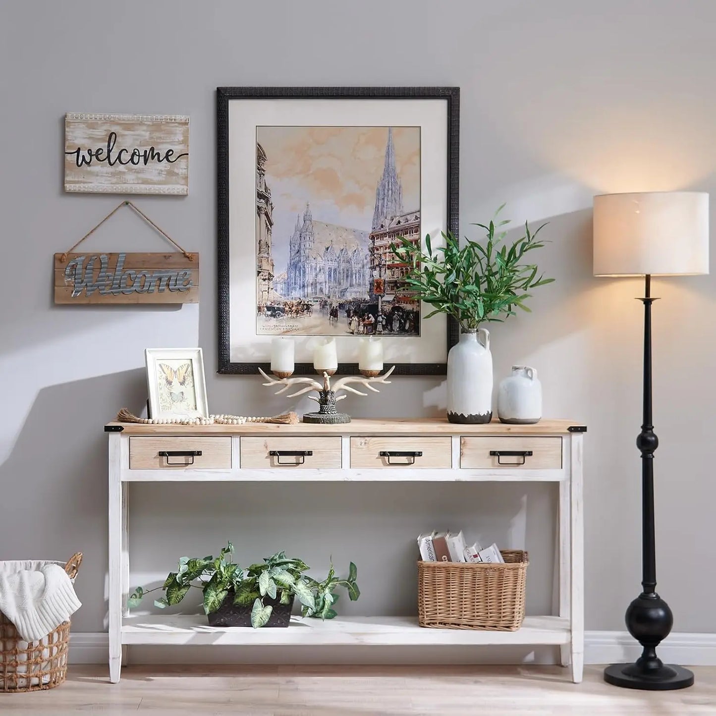 Rustic Entryway Table with Open Storage Shelves and Handmade Metal Handle