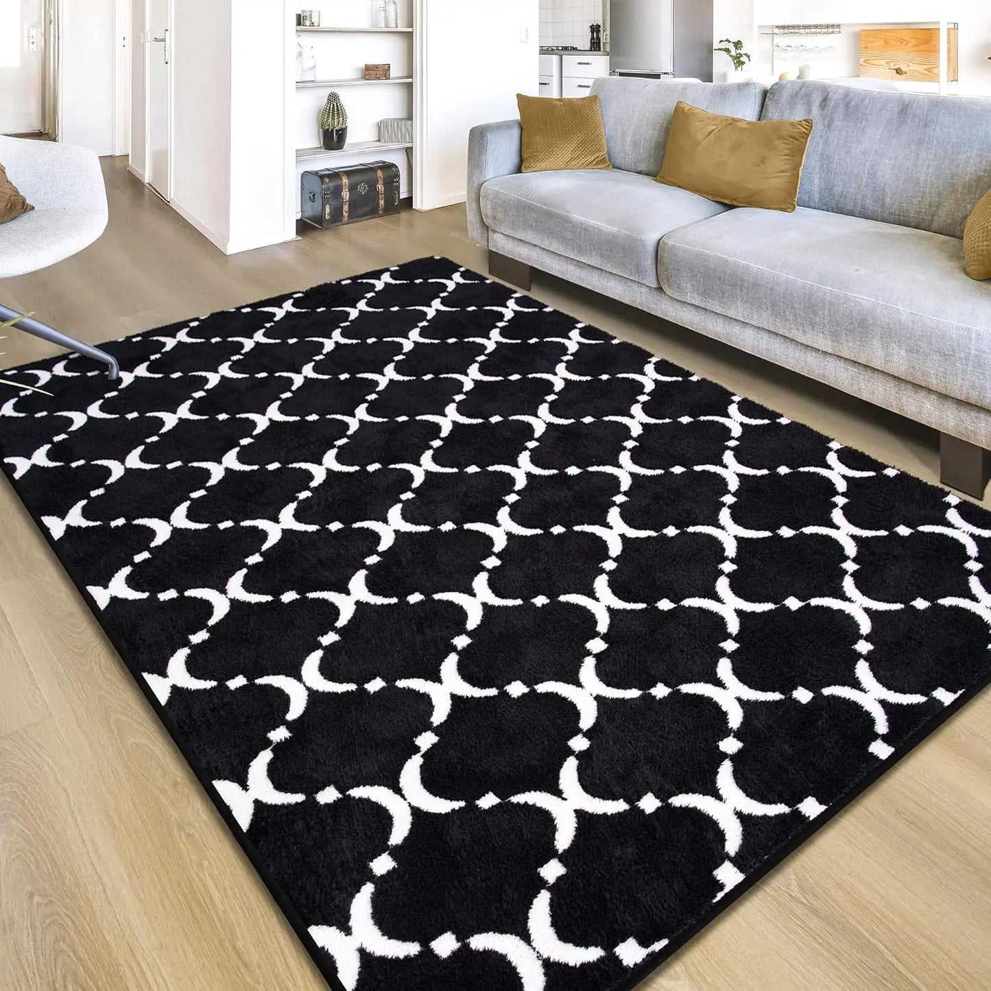 Large Plush Geometric Shag Rug Memory Foam