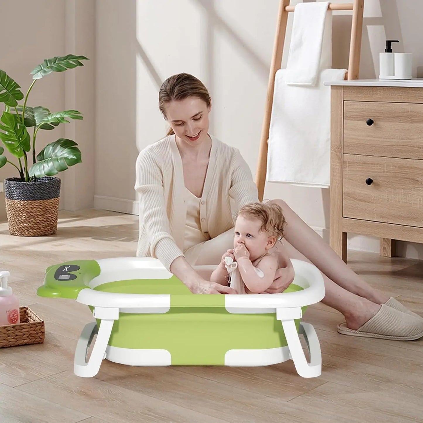 Baby Bathtub Foldable Baby Bathtub with Thermometer and Floating Cushion
