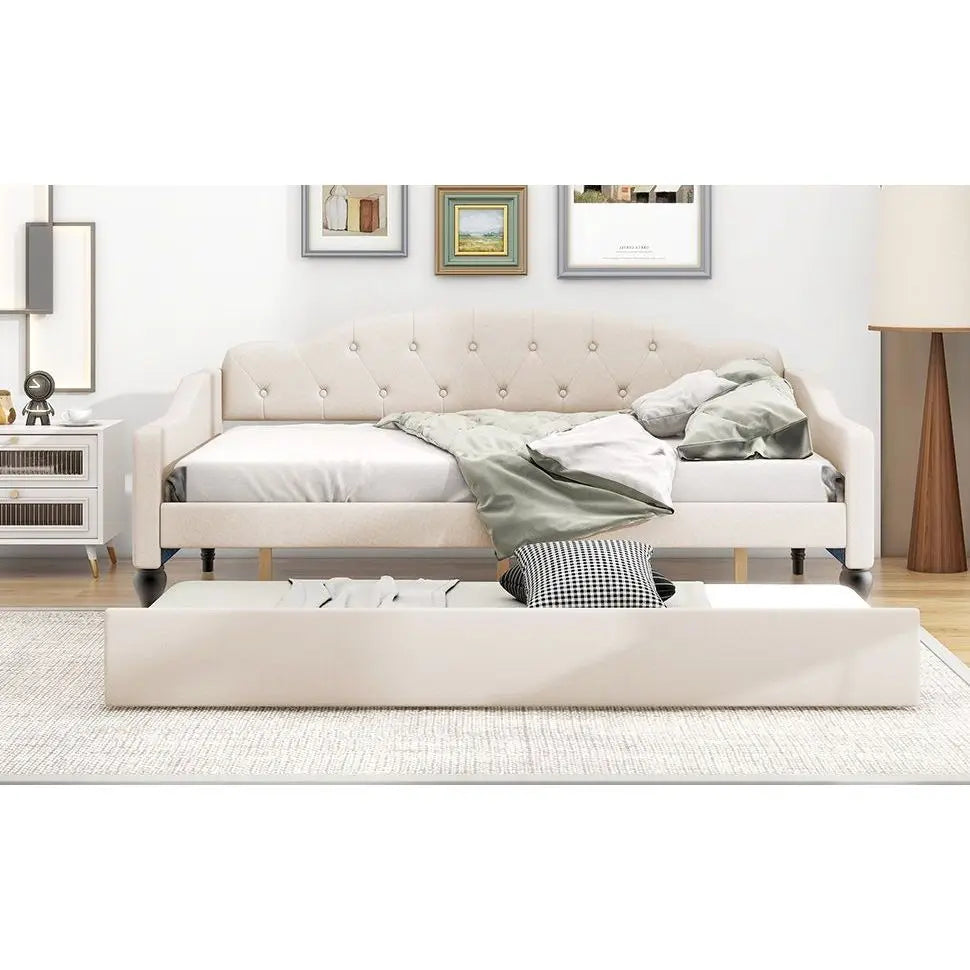 Full Size Beige Upholstered Tufted Daybed with Twin Size