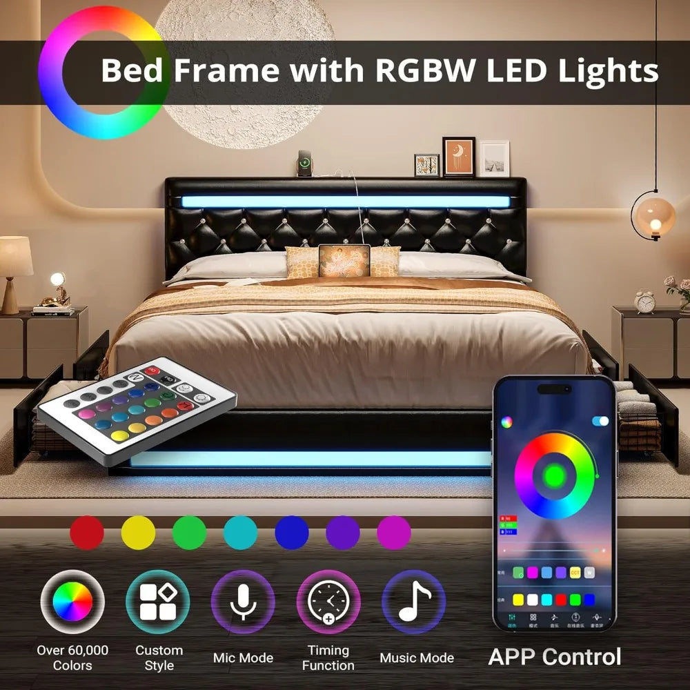 Bed Frame with LED Light with Drawers