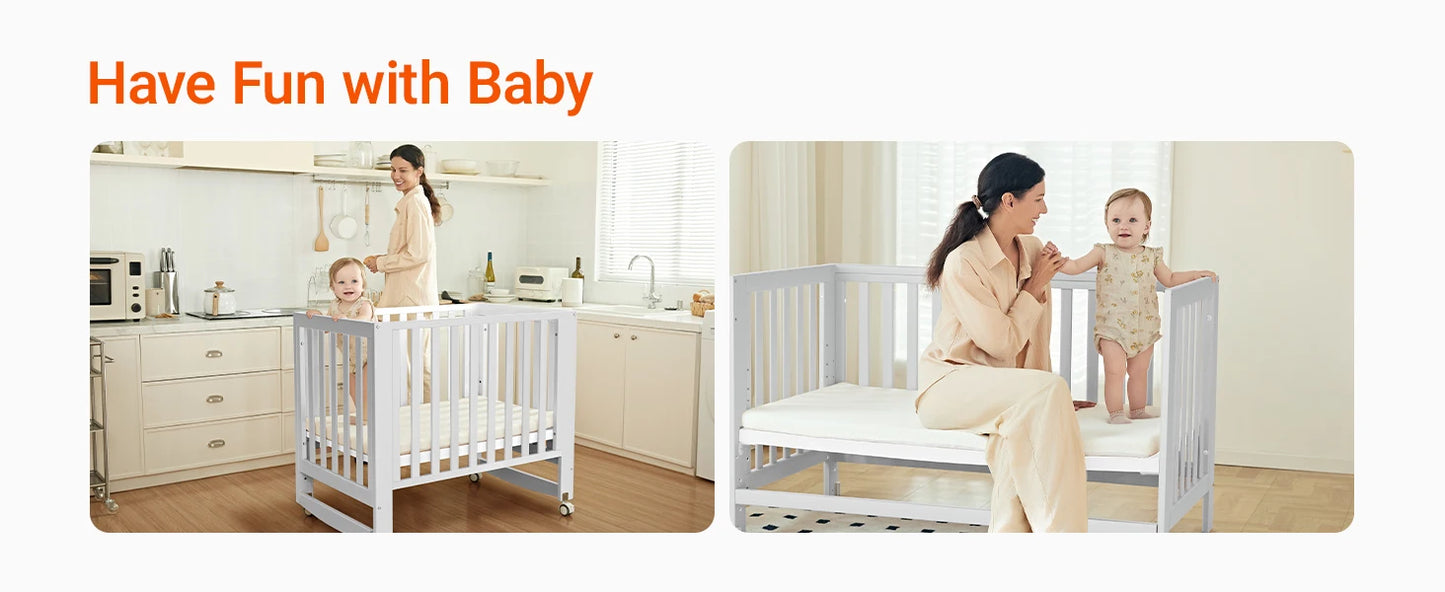 Baby Full Size Crib with Removable Wheels and 4 Adjustable Heights