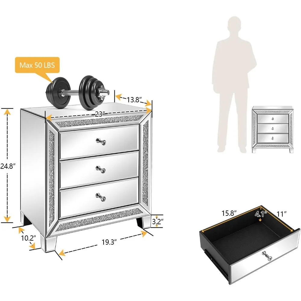 Mirrored Nightstands Set with 3 Drawer Glass Side