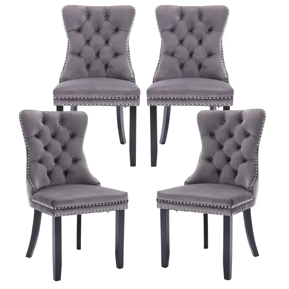 Upholstered Velvet Dining Chairs Set with Ring Pull Trim and Button Back