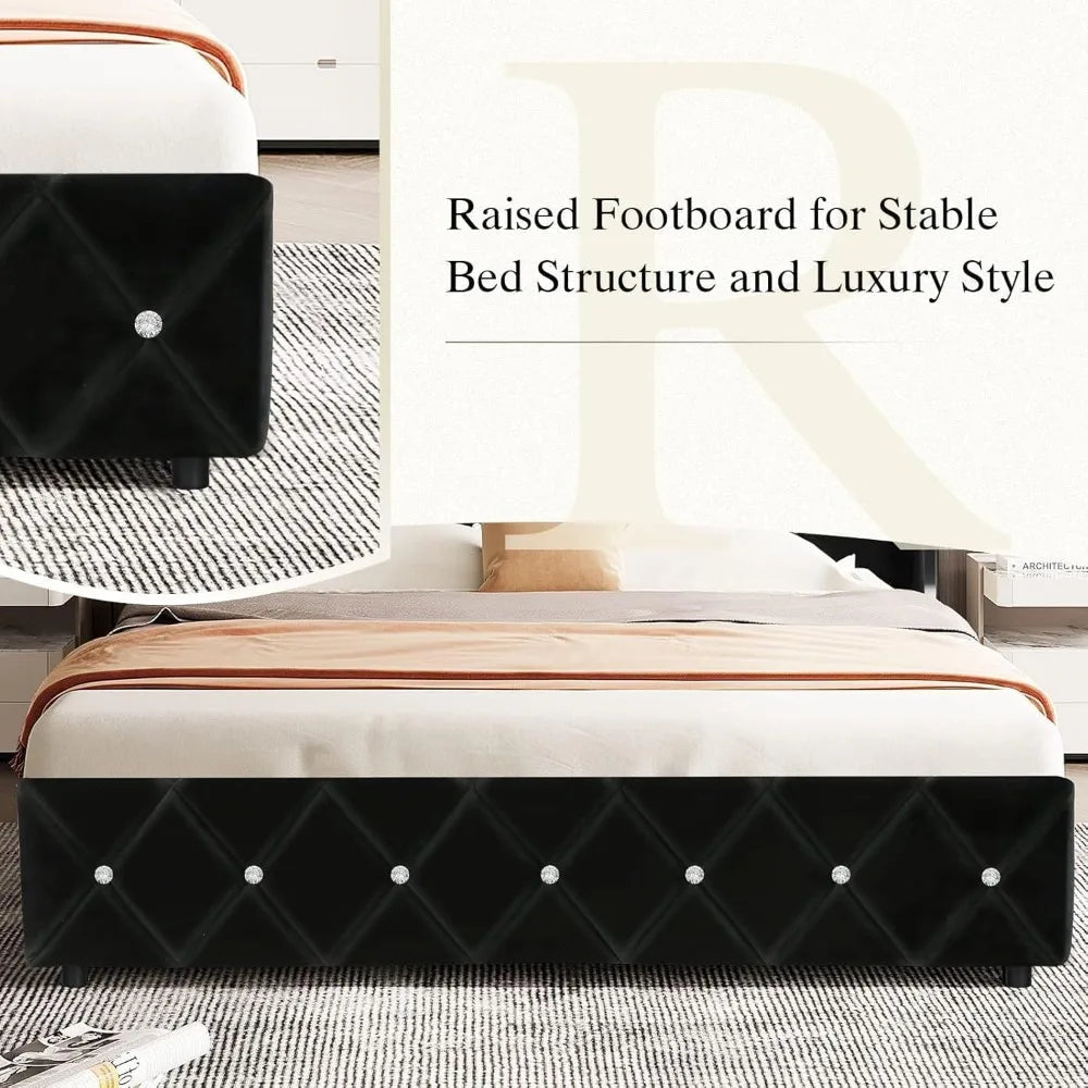 Velvet Upholstered Bed Frame with Wingback and Diamond Headboard