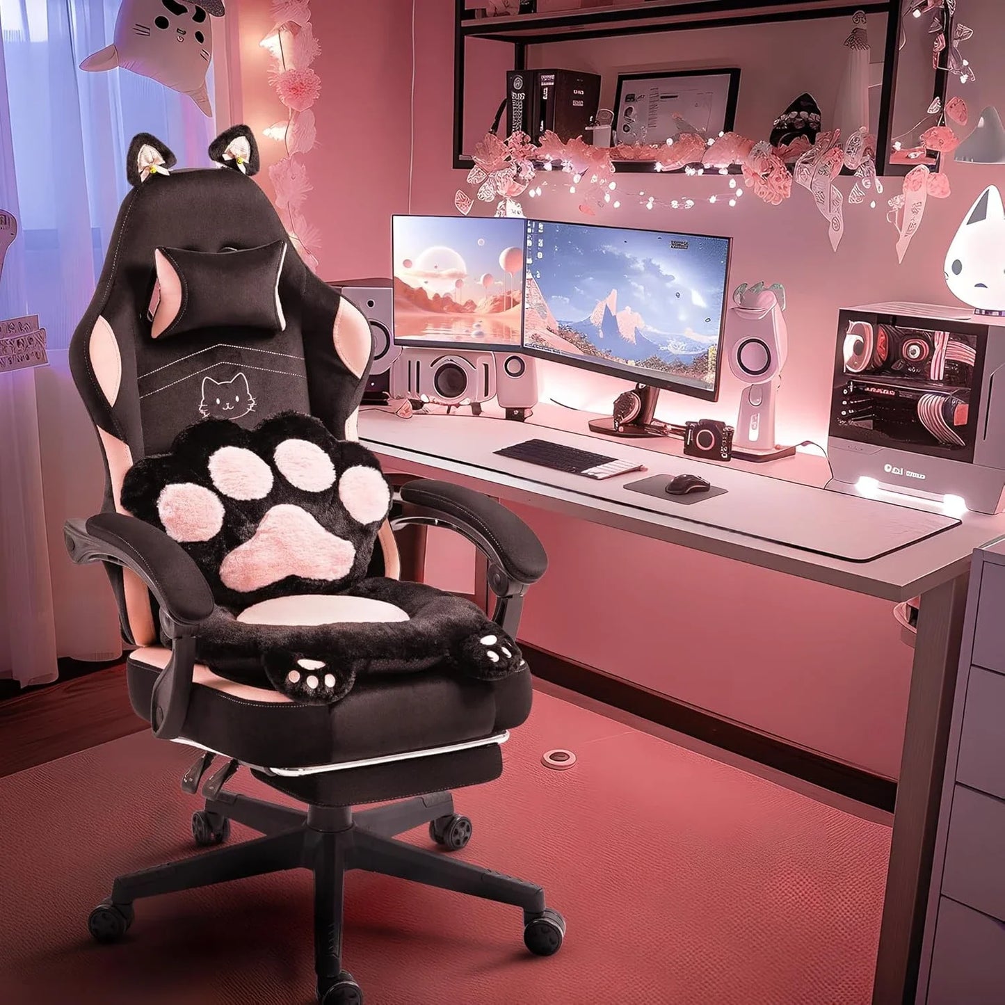 Cat Ears Paw Lumbar and Cushion Computer Chair