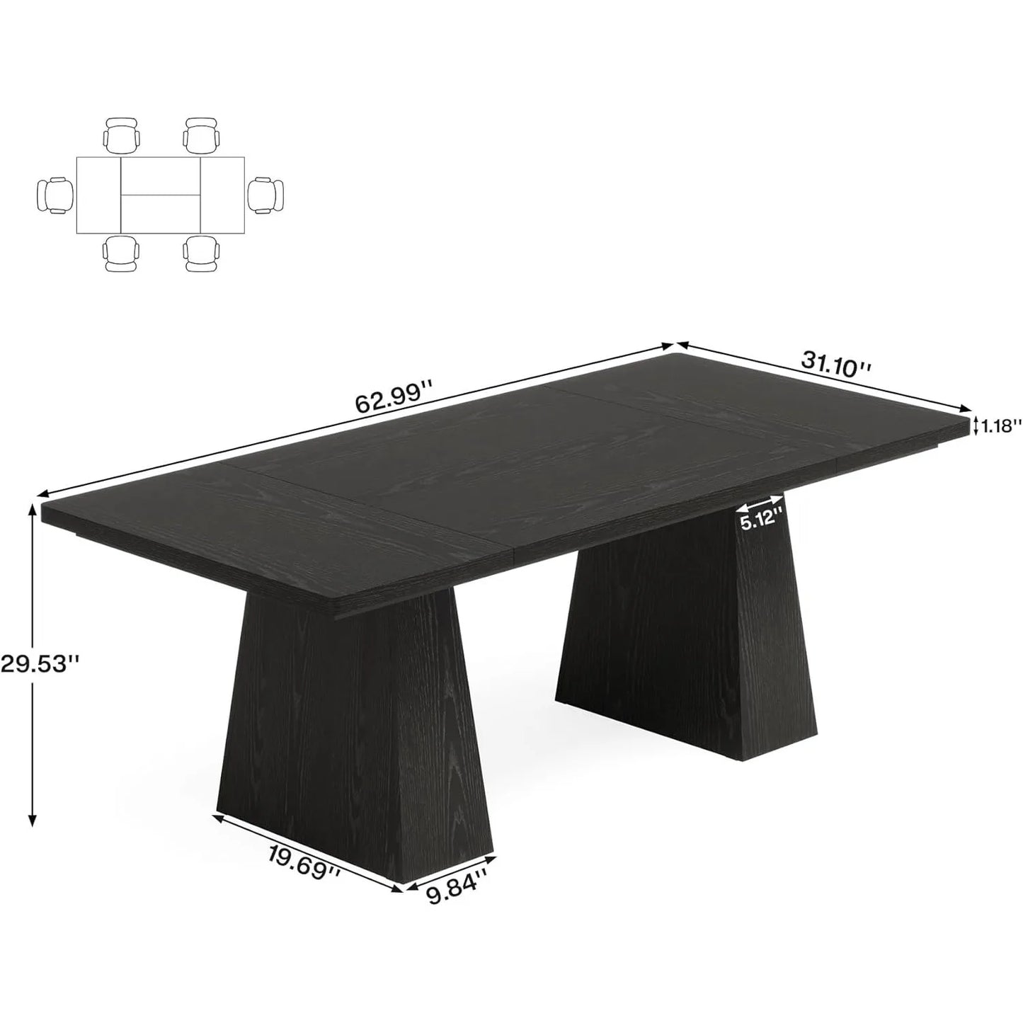 Black Dining Table with Tapered Wood Legs and Tabletop