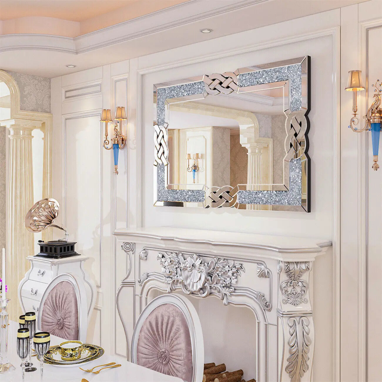Wall Decorative Silver Crystal Crush Glass Mirror