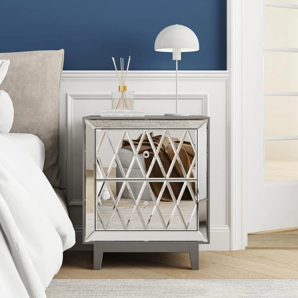 Mirrored Nightstands Set with 2 Drawer Glass Side