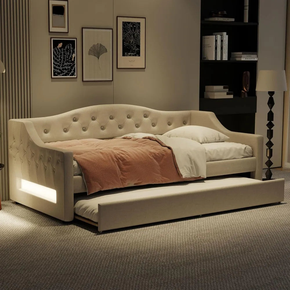 Modern Twin XL Size Daybed with LED Belt and Trundle