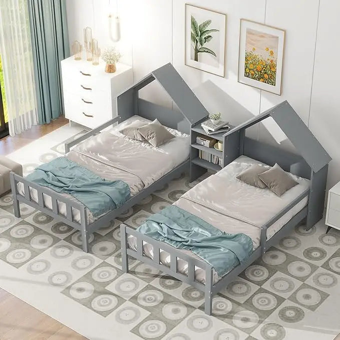 Double Twin Bed House Frame with Nightstand