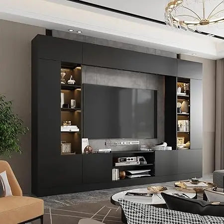 White 114" Large Wall Unit Entertainment Center with Bookshelves, Lights and 18 Shelves, Modern Console Table Home Theater