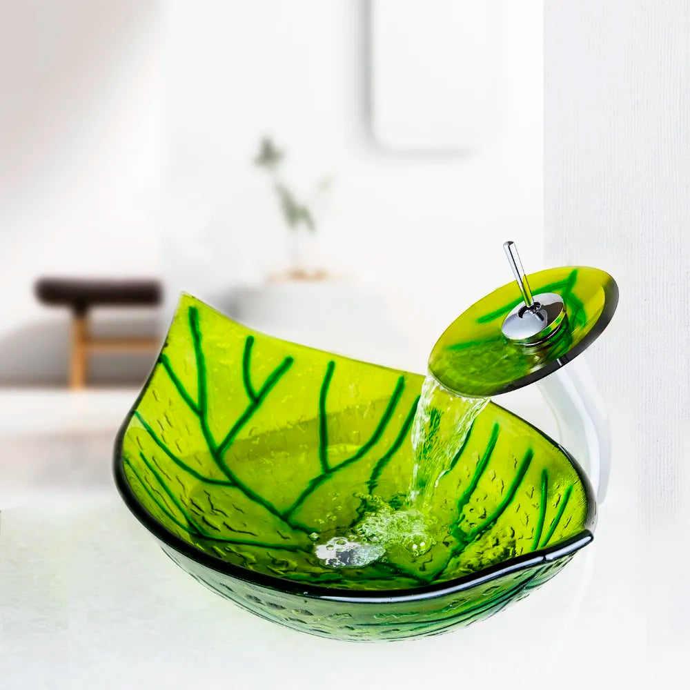 Art Bathroom Basin Faucet Sets Leaf style Tempered Glass Sink