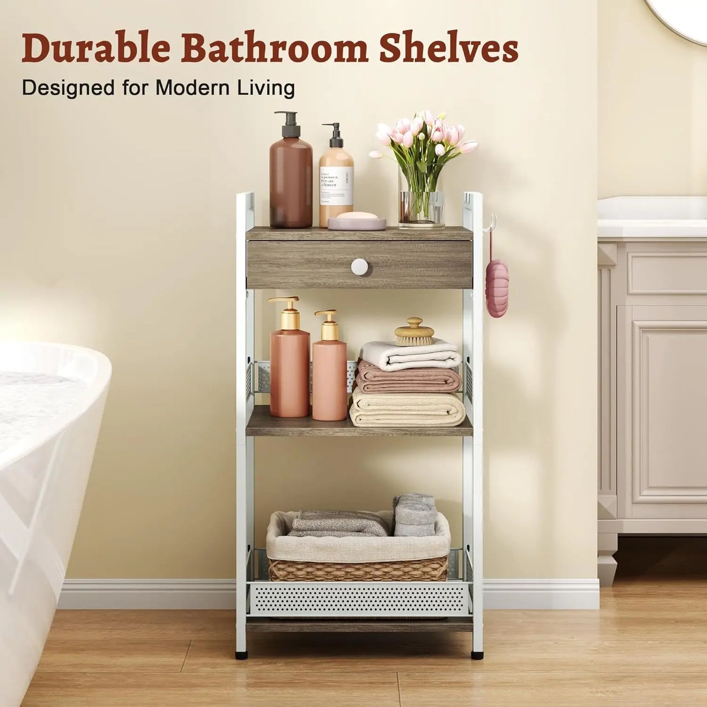 3-Tier Bathroom Floor Storage Shelf with Drawer