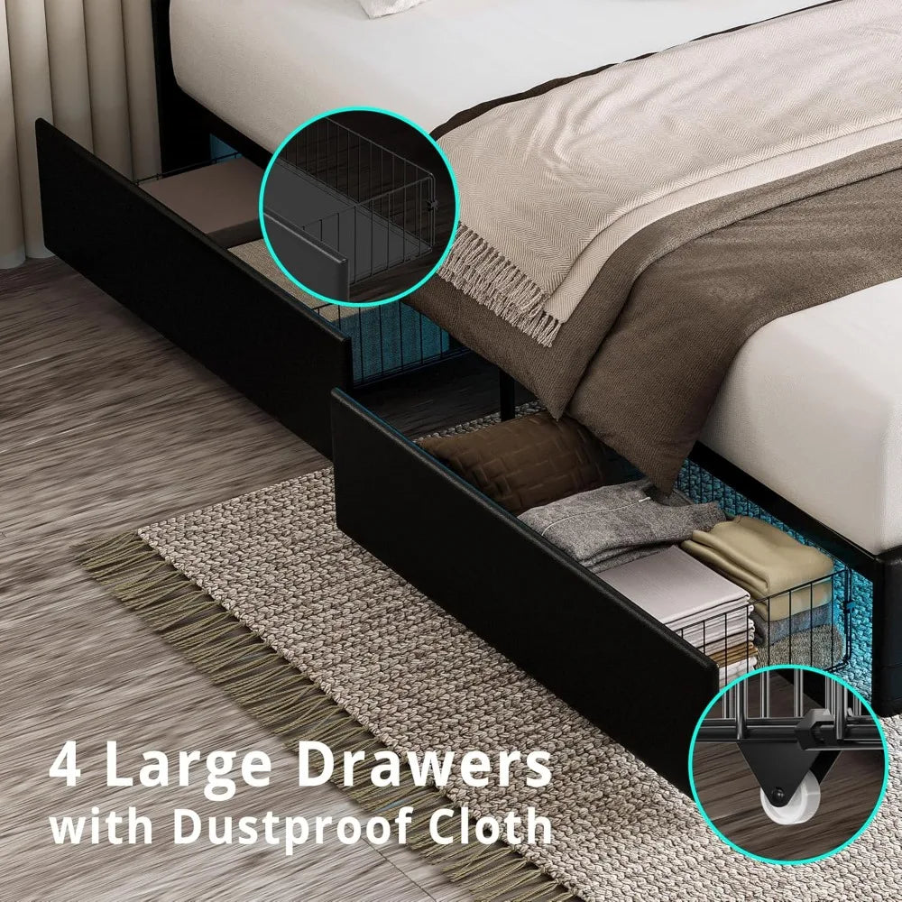 Bed Frame with LED Light with Drawers