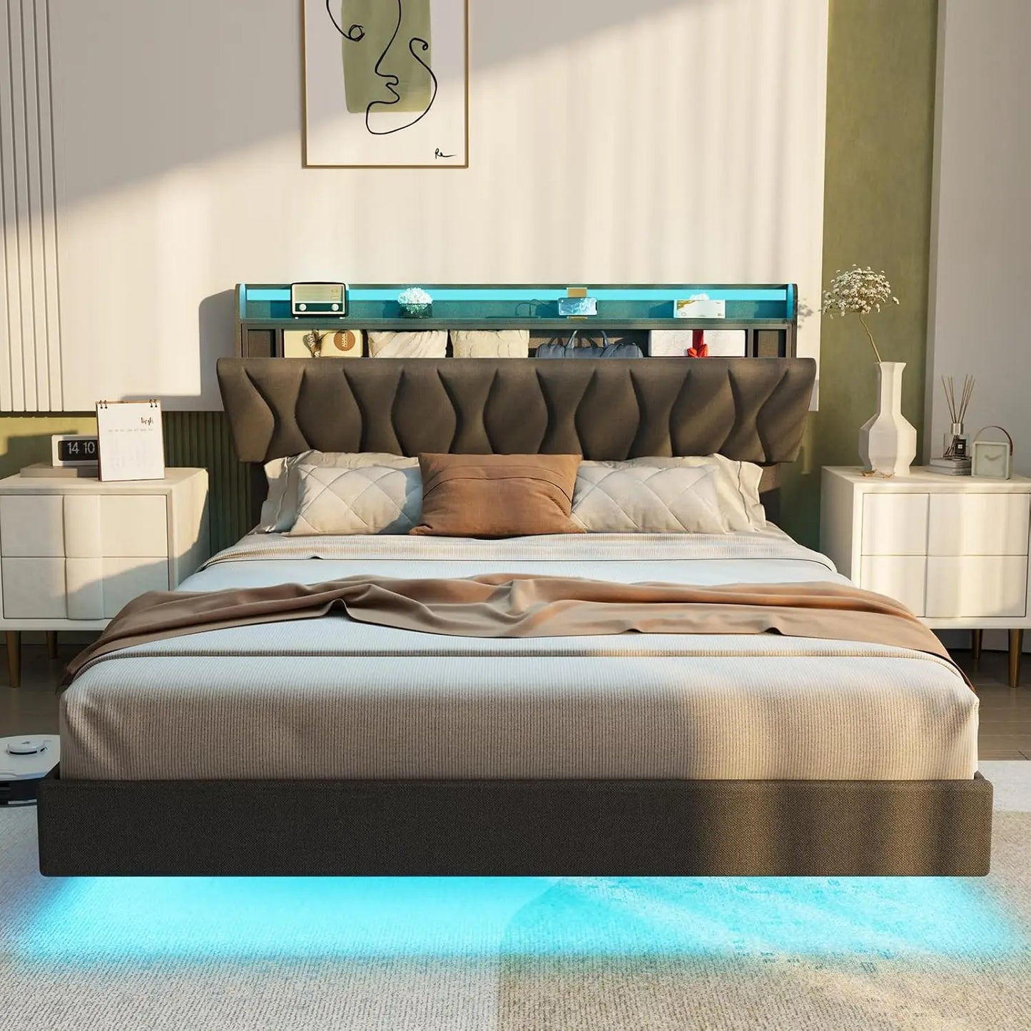 Floating Bed Frame with Storage Headboard & LED Light Frame & Charging Station