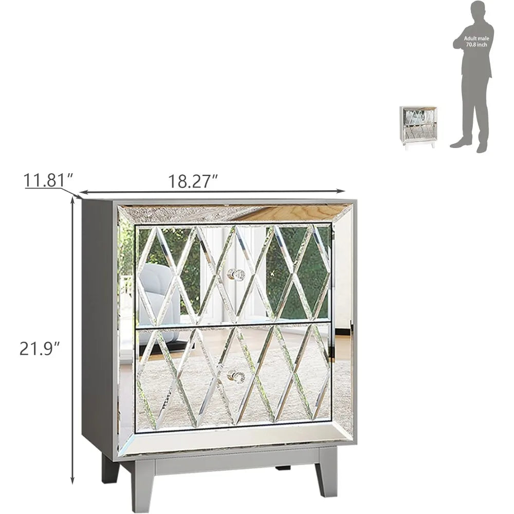 Mirrored Nightstands Set with 2 Drawer Glass Side