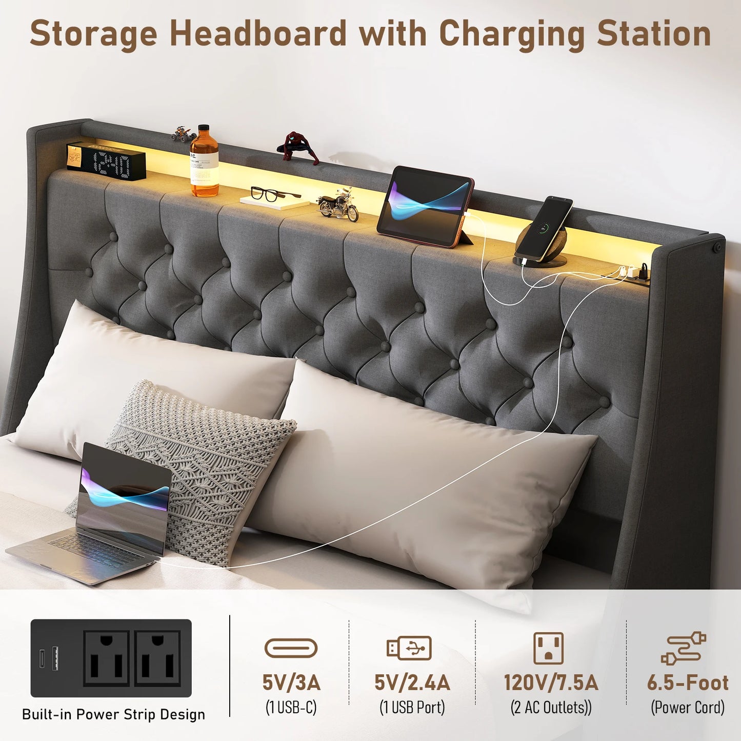 Upholstered Headboard & Bed Frame with 4 Storage Drawers and LED Lights
