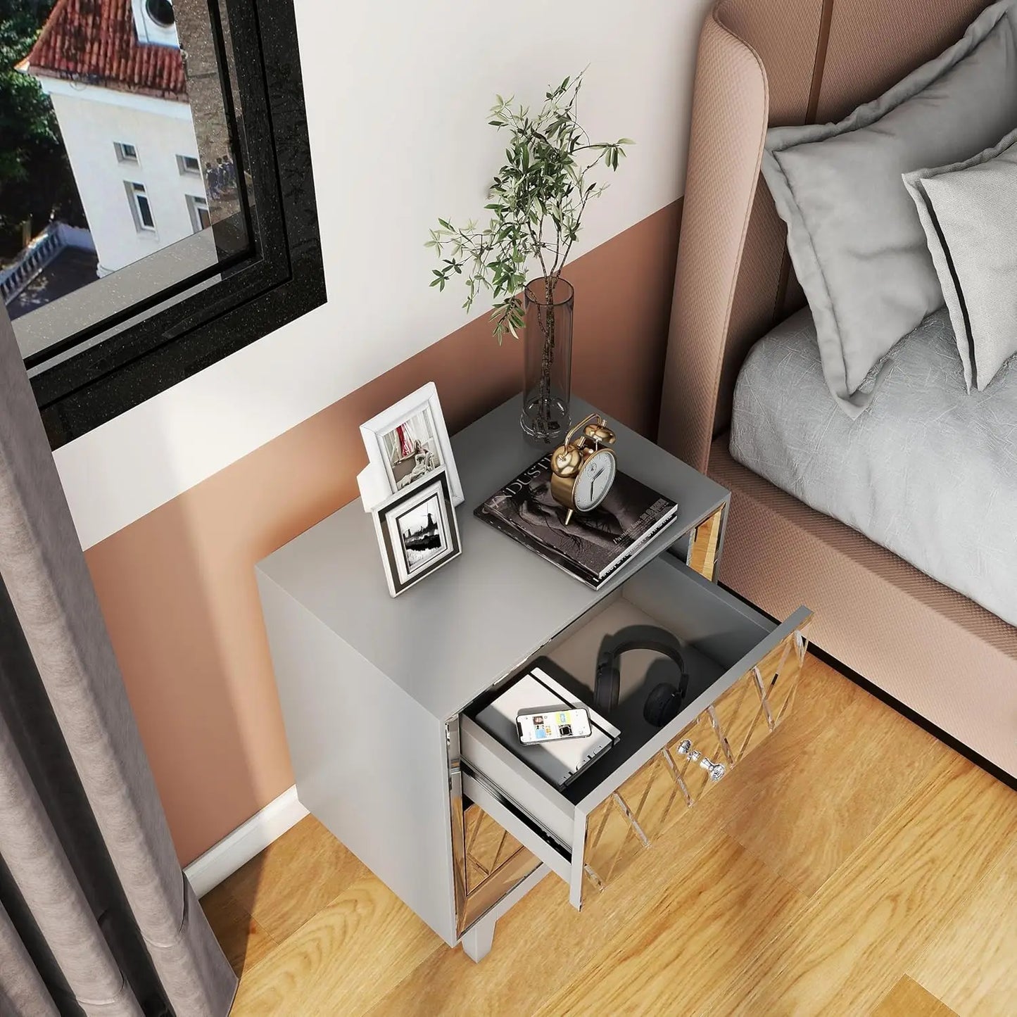 Mirrored Nightstands Set with 2 Drawer Glass Side