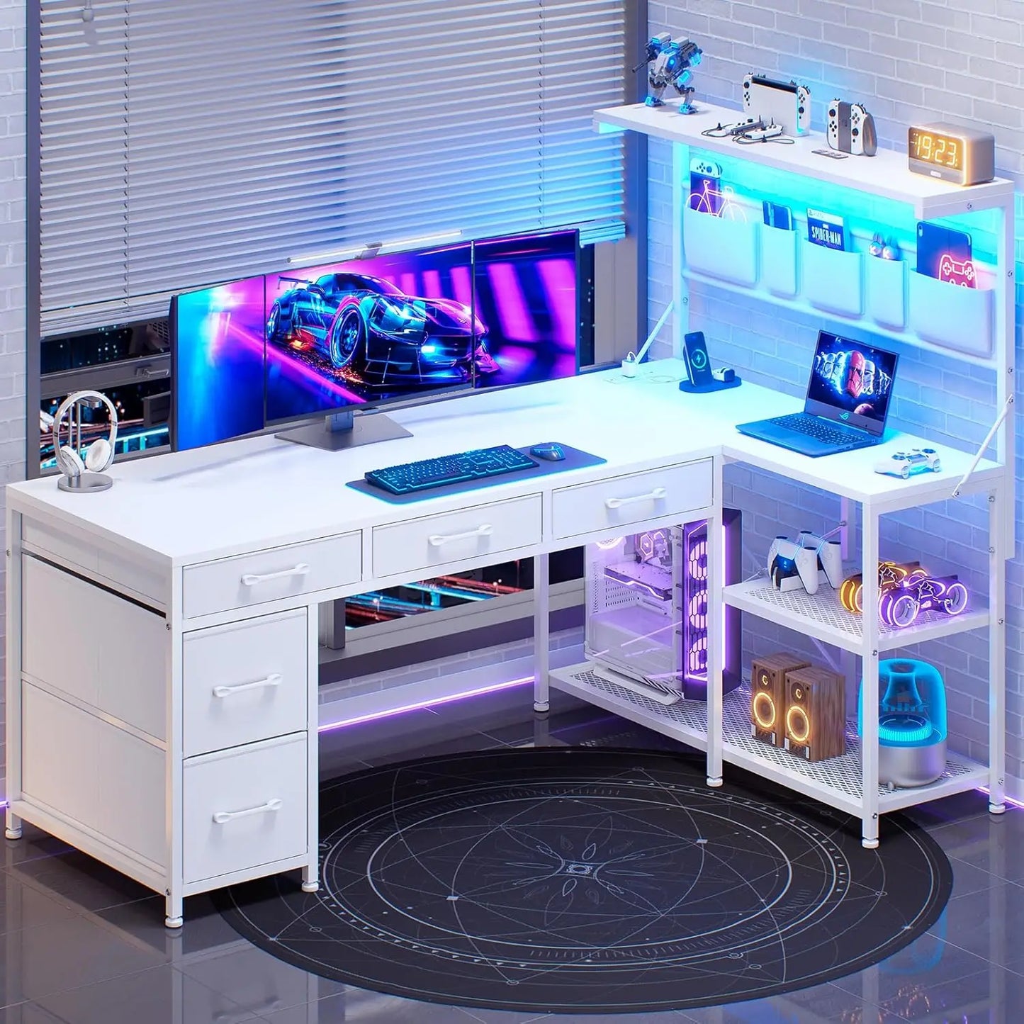 L-Shaped Reversible Computer Desk with Storage Shelves