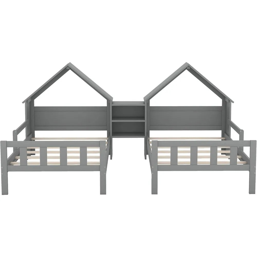 Double Twin Bed House Frame with Nightstand
