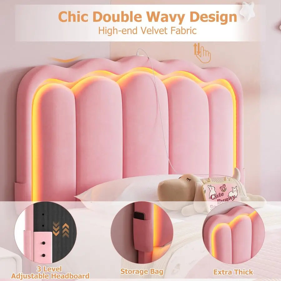 Upholstered LED Bed Frame with Storage Drawer