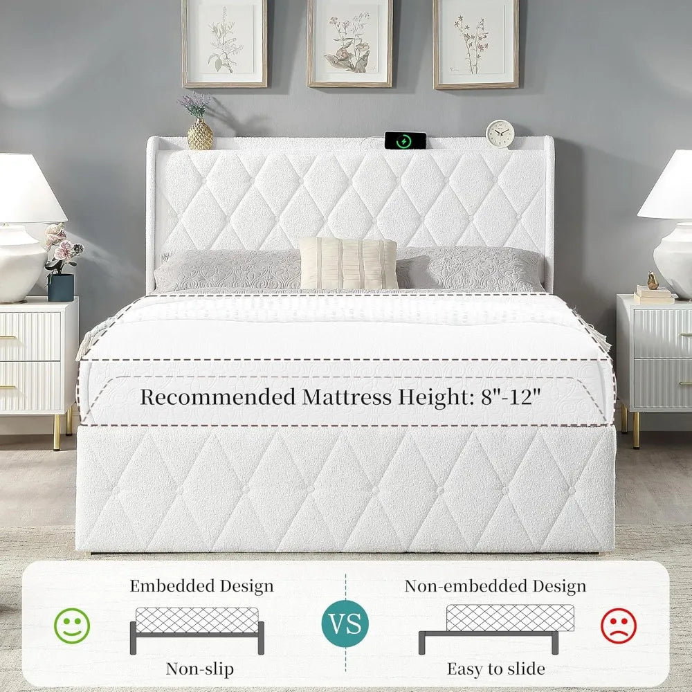 Bed Frame with Storage Cabinet and LED Lights