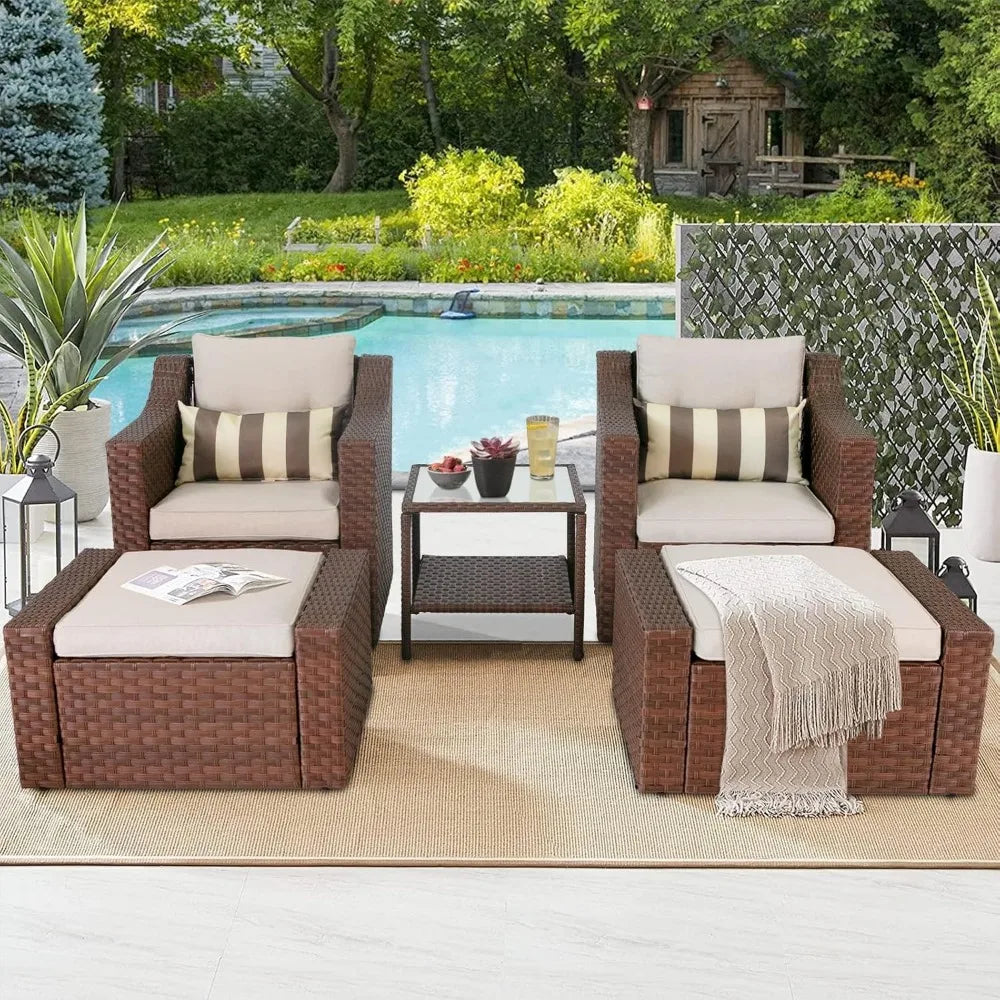 Patio Conversation Set with Ottoman Footrest, Table & Cushions